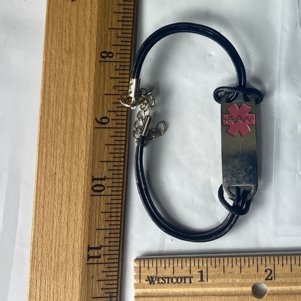 Medical Alert Bracelet Black Cord Pink Flowerโ Charm Silver Tone Adjustable